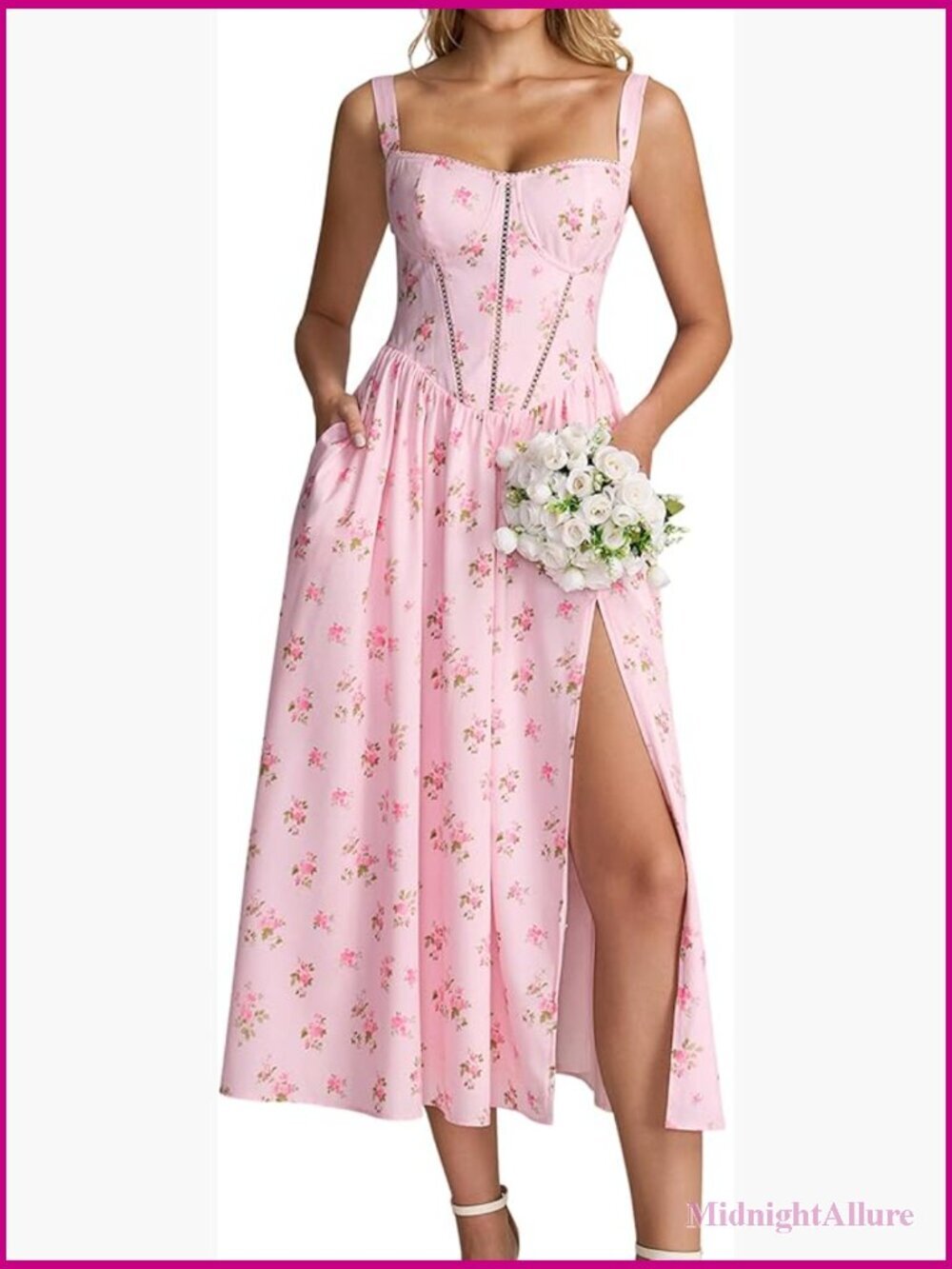 Flowy Lace Up Corset Midi Dress with Pockets Side Split